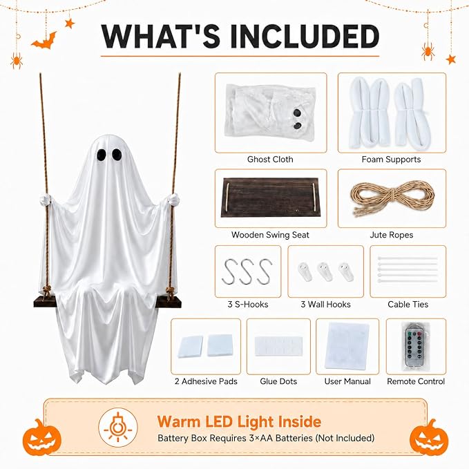 Halloween Ghost Decorations 2026 New 5 FT Large Hanging Swing Ghost with Warm LED Lights Inside, Outdoor Scary Spooky Ghost Decor Hanging Kit for Front Porch, Yard, Tree and Patio Decor