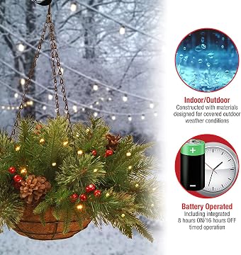 20in Pre-Lit Colonial Fir Christmas Hanging Basket