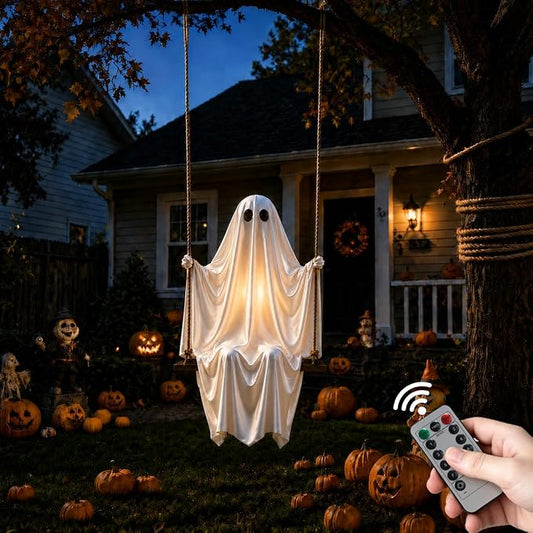 Halloween Ghost Decorations 2026 New 5 FT Large Hanging Swing Ghost with Warm LED Lights Inside, Outdoor Scary Spooky Ghost Decor Hanging Kit for Front Porch, Yard, Tree and Patio Decor