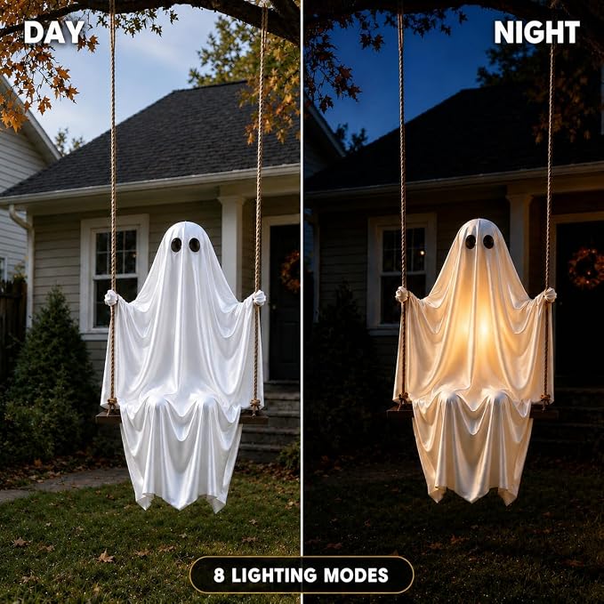 Halloween Ghost Decorations 2026 New 5 FT Large Hanging Swing Ghost with Warm LED Lights Inside, Outdoor Scary Spooky Ghost Decor Hanging Kit for Front Porch, Yard, Tree and Patio Decor