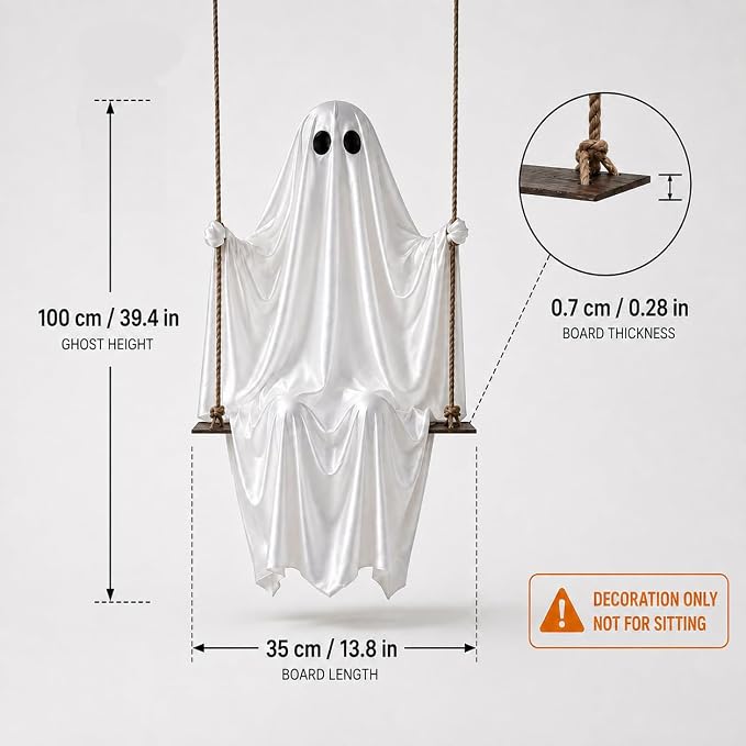 Halloween Ghost Decorations 2026 New 5 FT Large Hanging Swing Ghost with Warm LED Lights Inside, Outdoor Scary Spooky Ghost Decor Hanging Kit for Front Porch, Yard, Tree and Patio Decor