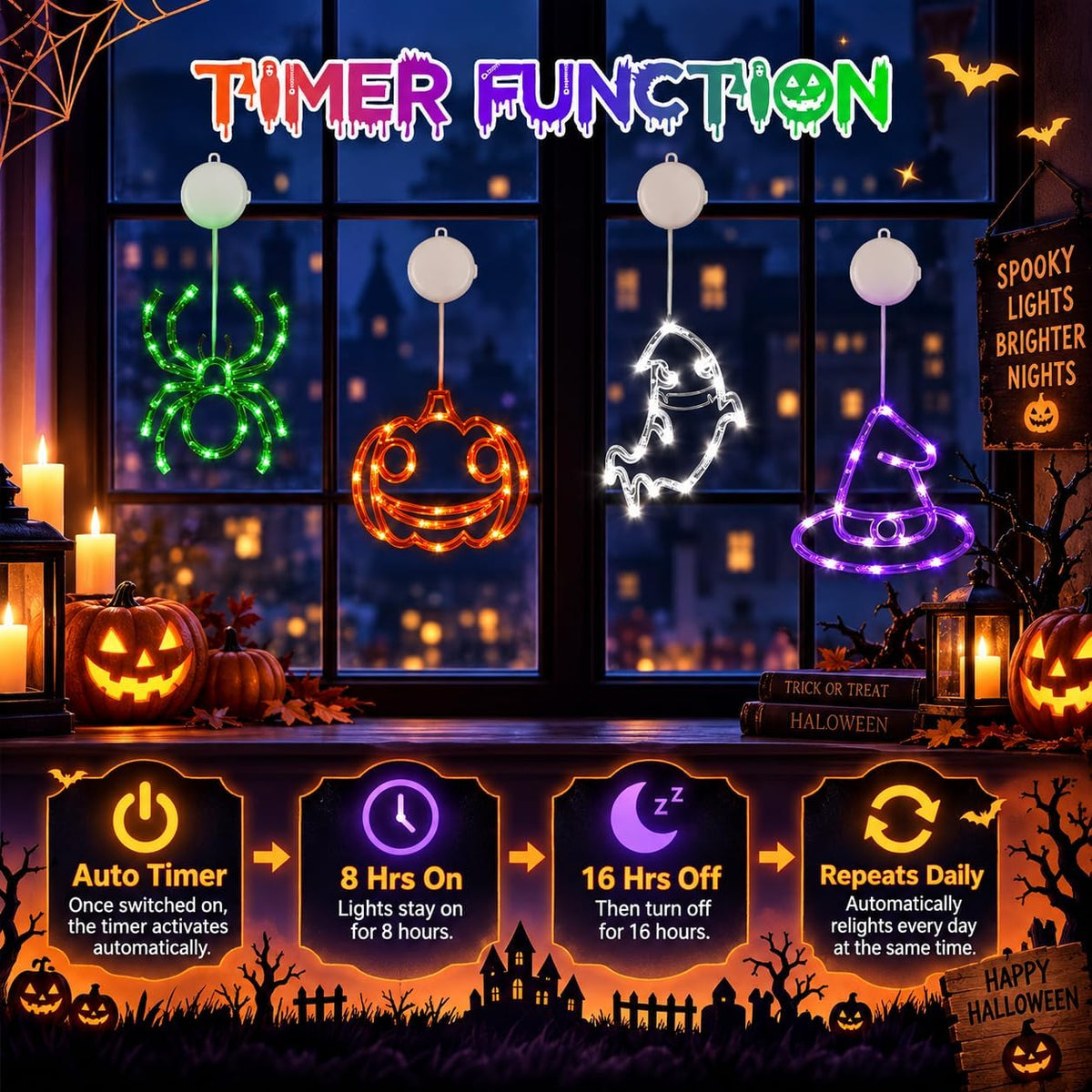 4-Pack Halloween Window Lights with Auto Timer