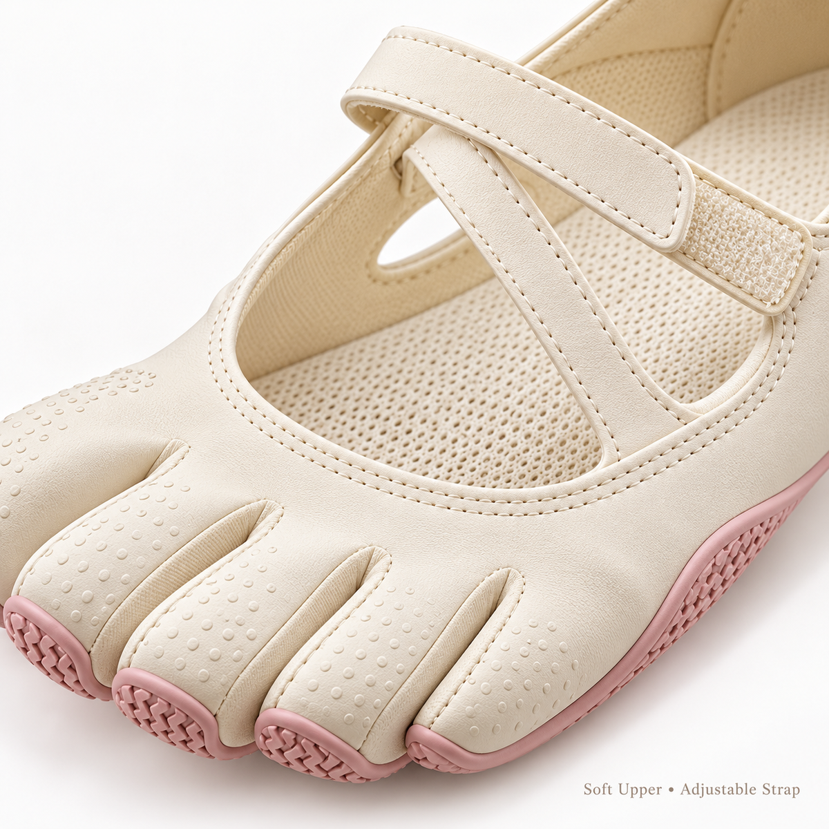 Close-up of soft upper breathable lining and adjustable strap
