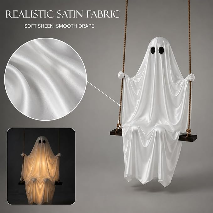 Halloween Ghost Decorations 2026 New 5 FT Large Hanging Swing Ghost with Warm LED Lights Inside, Outdoor Scary Spooky Ghost Decor Hanging Kit for Front Porch, Yard, Tree and Patio Decor
