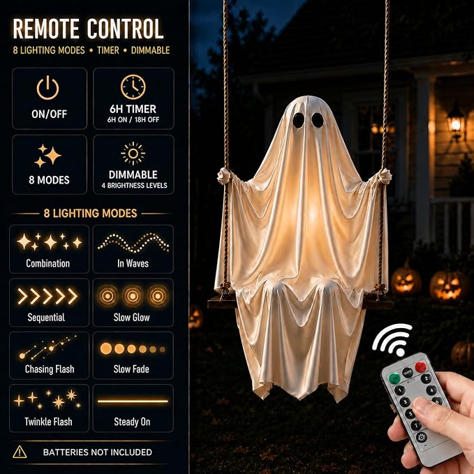 Halloween Ghost Decorations 2026 New 5 FT Large Hanging Swing Ghost with Warm LED Lights Inside, Outdoor Scary Spooky Ghost Decor Hanging Kit for Front Porch, Yard, Tree and Patio Decor