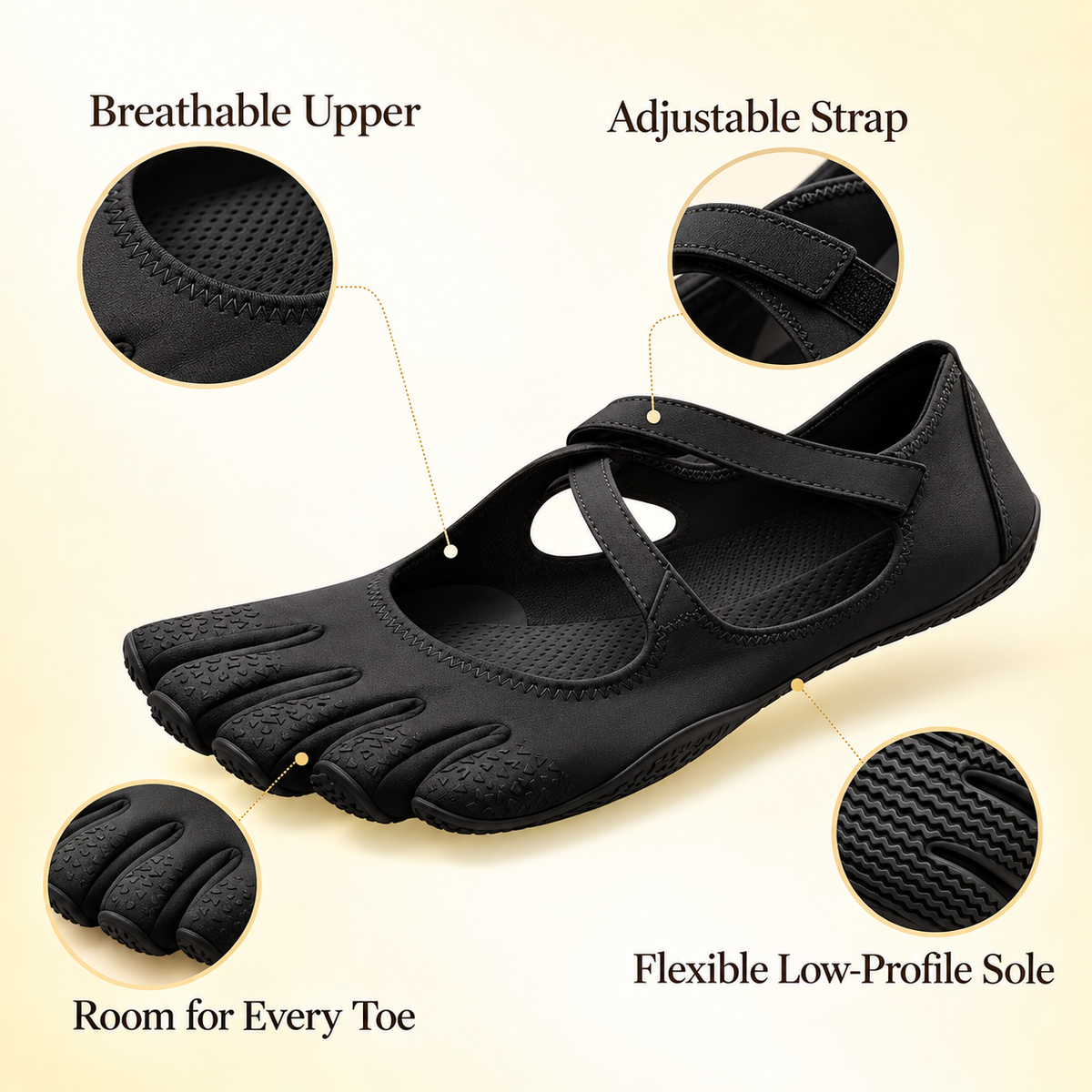 Five-toe flat feature guide showing breathable upper adjustable strap flexible sole and toe space