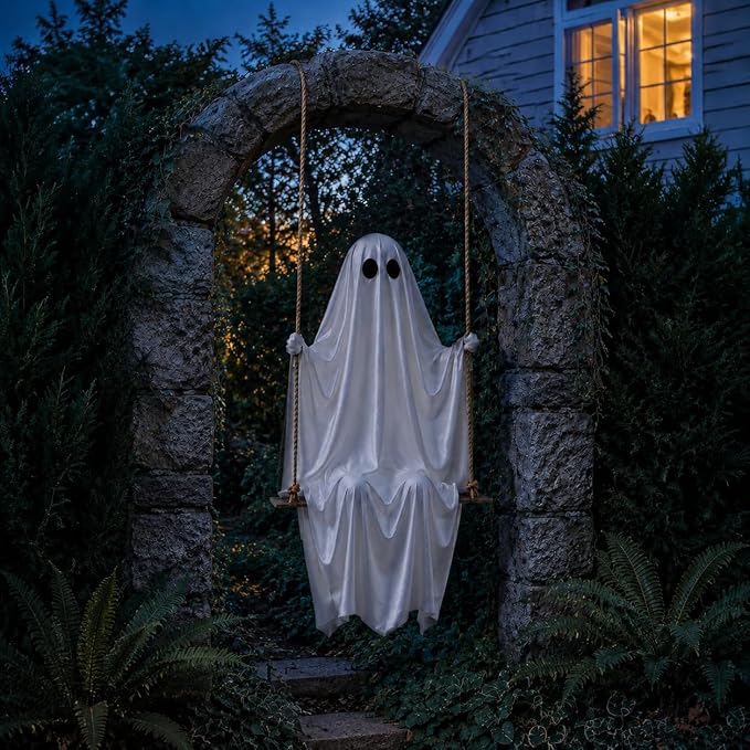Halloween Ghost Decorations 2026 New 5 FT Large Hanging Swing Ghost with Warm LED Lights Inside, Outdoor Scary Spooky Ghost Decor Hanging Kit for Front Porch, Yard, Tree and Patio Decor