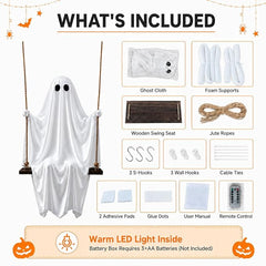 Halloween Ghost Decorations 2026 New 5 FT Large Hanging Swing Ghost with Warm LED Lights Inside, Outdoor Scary Spooky Ghost Decor Hanging Kit for Front Porch, Yard, Tree and Patio Decor