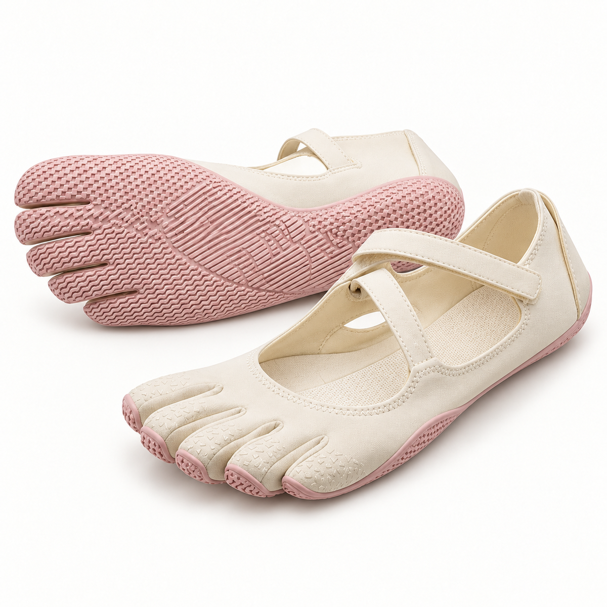 Ivory five-toe barefoot ballet flats with flexible pink outsole