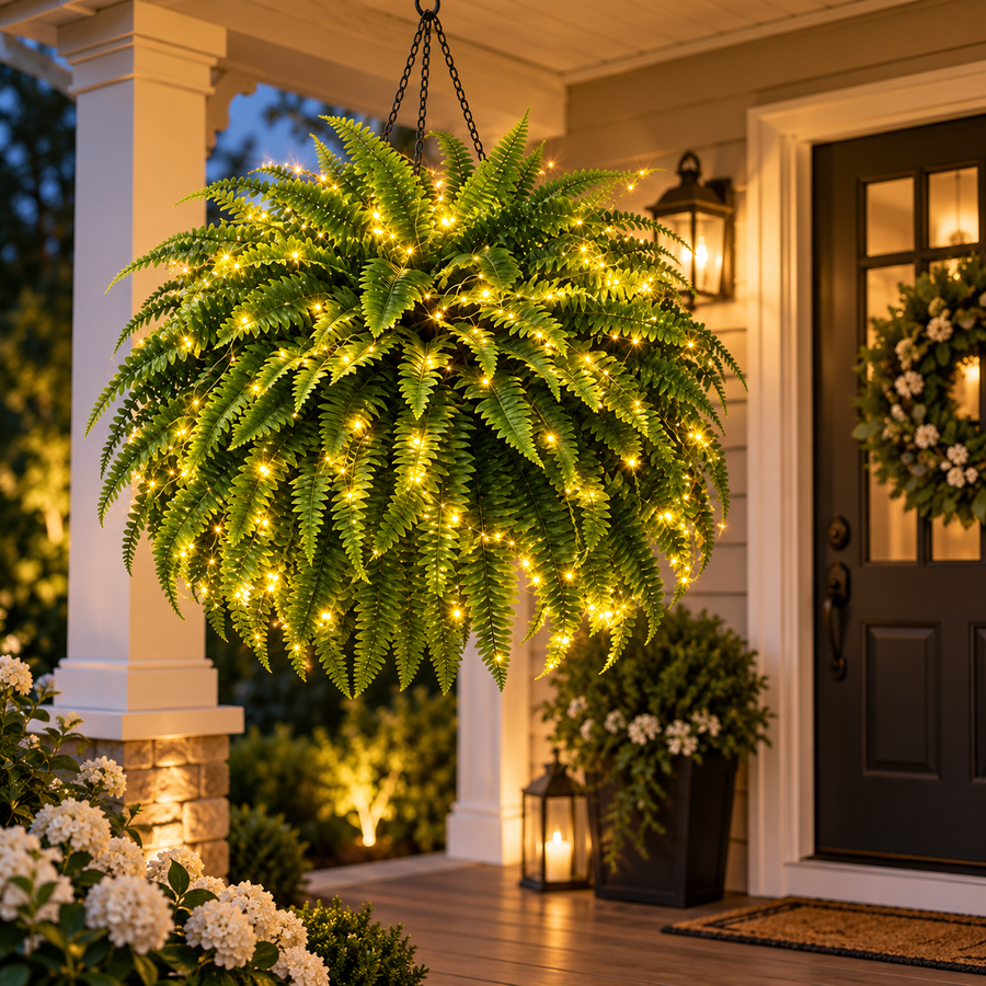 Artificial Boston Fern with Lights – Lifelike Hanging Greenery for Porch & Home