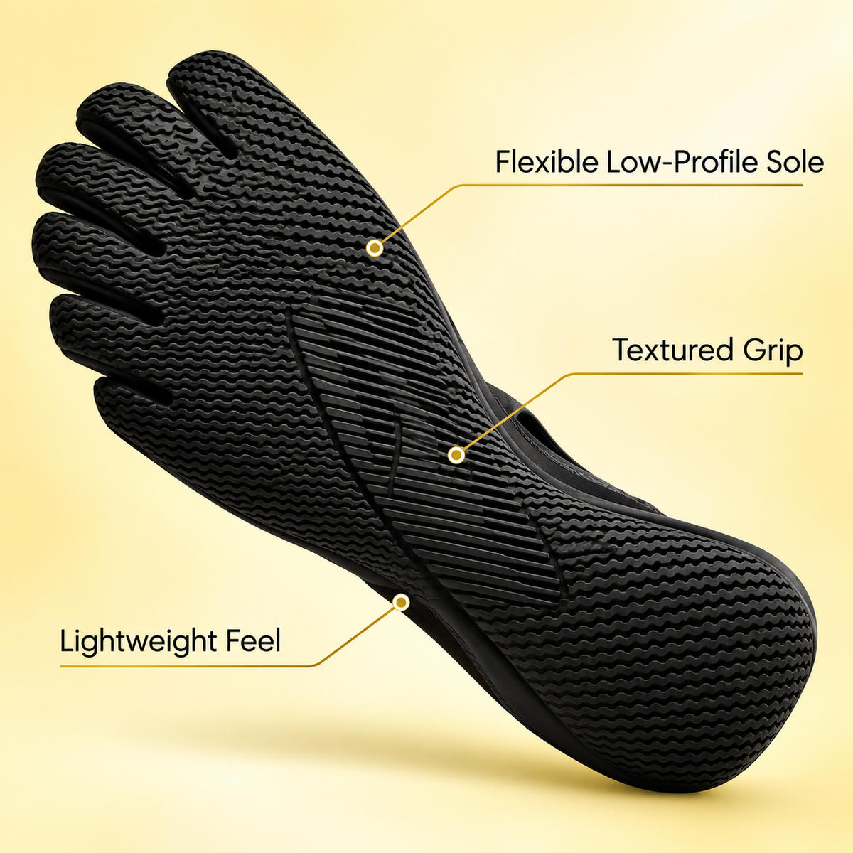 Flexible low-profile five-toe outsole with textured grip