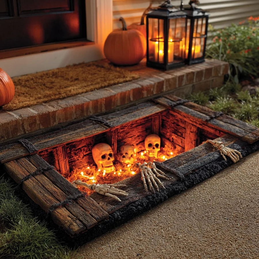 💀 Halloween Skull Graveyard Rug – Spooky Skeleton Entrance Decor 🎃